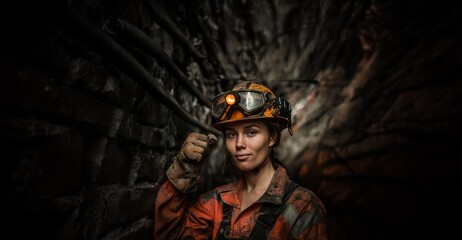Fototapeta premium Portrait of a Female Miner in Protective Gear and Helmet Underground.Generated image