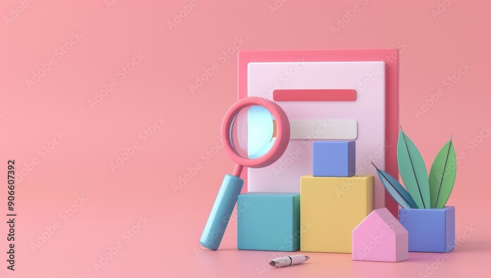 Wall mural 3d render of search icon and interface elements