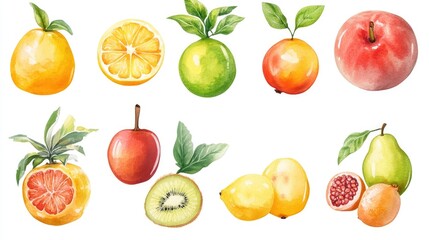 Diverse set of watercolor fruits on a white background, showcasing natural beauty.