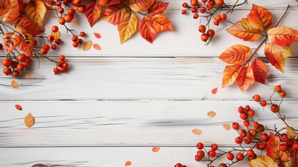 Orange and red autumn leaves with berries on white wooden background.