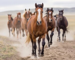 Fototapeta premium A dynamic herd of horses gallops across the dusty plains, showcasing their strength and grace in a captivating display of movement.