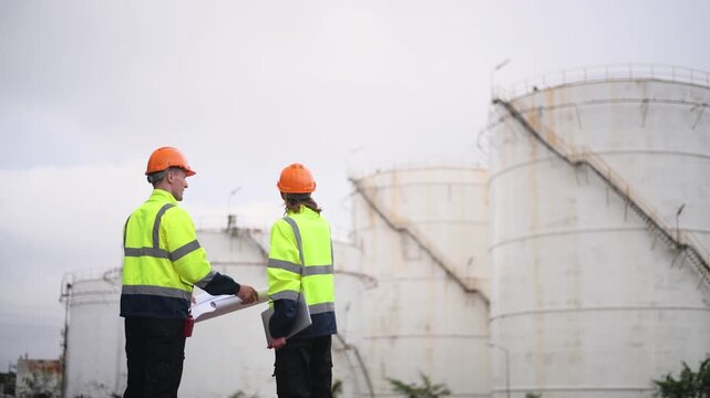 Worker wearing safety helmets and high-visibility jackets, engaged in conversation at an oil refinery with large storage tanks in the background.