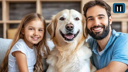 A girl and her father joyfully pose with their golden retriever, sharing smiles in a bright and welcoming living room setting