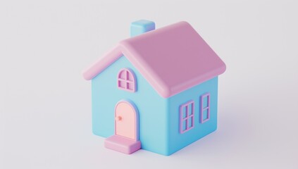 Cute Cartoon House with Pink Roof and Blue Walls