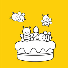 Cute Bee Animal Birthday Cake Decoration Party Cartoon Digital Stamp Outline