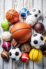 Many different sport balls on white wooden background