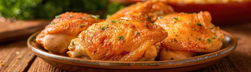 Golden-brown roasted chicken thighs, garnished with herbs, served on a rustic wooden table for a hearty meal.