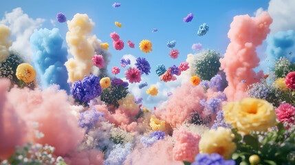 A surreal scene of colorful flowers bursting amidst pastel clouds, blending nature and fantasy in a dreamlike landscape.