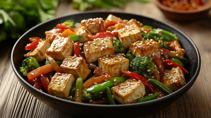 Fototapeta premium tofu and mixed vegetable stir-fry in black bowl
