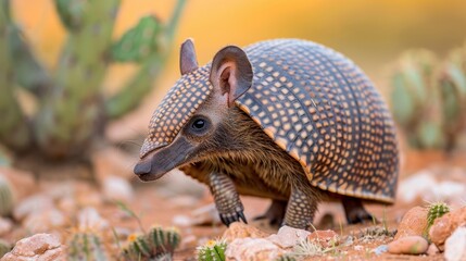 Fototapeta premium Detailed image of an armadillo exploring a rocky desert landscape, with cacti and plants in the background.