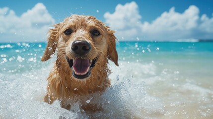 A charming photoshoot captures a dog enjoying a day at the beach. The dog, with wet fur and a big smile, splashes in the shallow waves and digs in the sand. The clear blue ocean and bright sky create