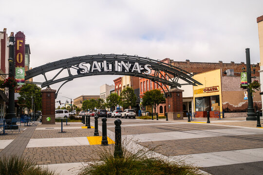 Salinas label on the main street in Salinas city center, California
