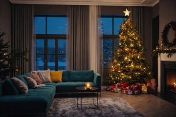 Fototapeta premium Bright interior of the living room with a sofa and a large Christmas tree. New year's interior