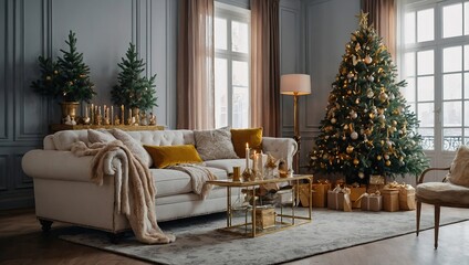 Fototapeta premium Bright interior of the living room with a sofa and a large Christmas tree. New year's interior