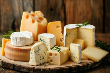 Various types of cheese served on a rustic wooden table