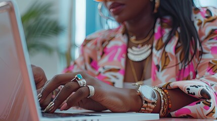 A woman is typing on a laptop while wearing a pink and brown outfit. She is wearing a lot of jewelry, including a watch and several rings. Concept of sophistication and style