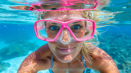 Naklejka premium Woman snorkeling underwater, wearing a mask and snorkel, in clear blue waters with visible coral reef background. Concept of adventure and exploration.