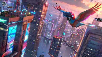 Parrot Wearing Virtual Reality Glasses Soaring Over Futuristic Cityscape. Concept of Exotic Bird, VR Technology, Urban Future, Sci-Fi Fantasy