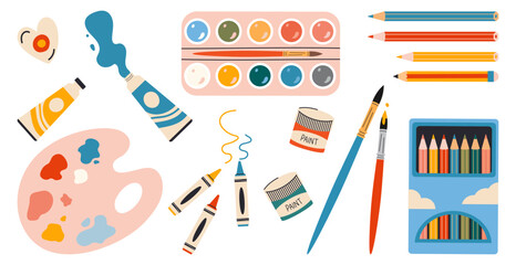 Set of art supplies for school, painting tools. Vector illustration isolated on white background, hand drawn, flat design. School stationery, cartoon style