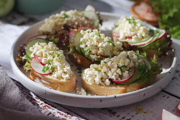 A plate with sandwiches with cottage cheese, radish and cucumber in rustic style