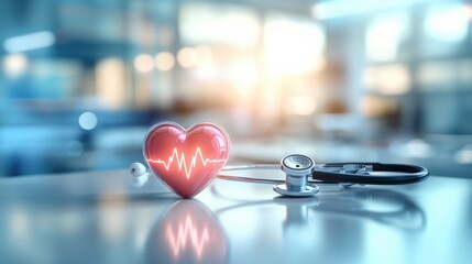 A stethoscope and heart shape with a pulse line on a blurred background, symbolize health and medical care, healthcare tools, heart health