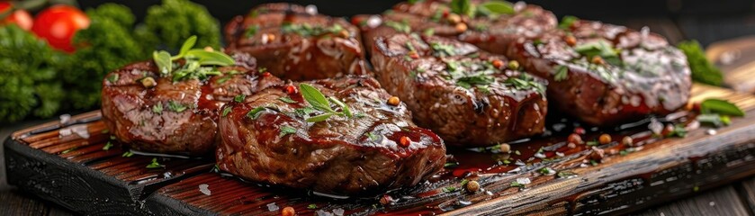 Succulent grilled steak garnished with herbs on a rustic wooden board, perfect for culinary inspiration and delicious meals.