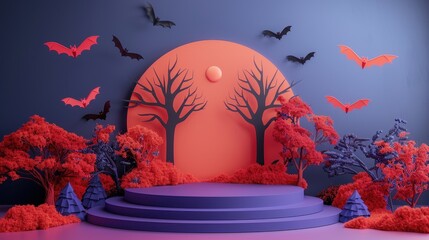 A Halloween scene with bats flying around a purple and blue background