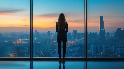 A woman stands in front of a window looking out at the city