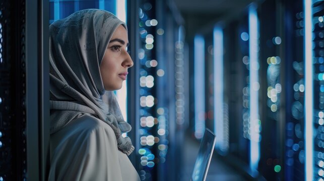 A woman wearing a hijab sits in front of a laptop, possibly working or learning