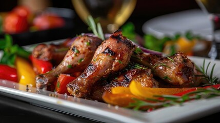 Fototapeta premium Deliciously grilled chicken drumsticks served with colorful bell peppers on a stylish dining plate.