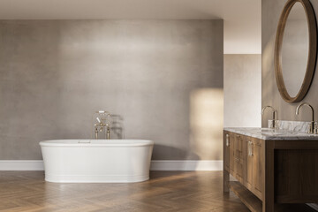 Modern bathroom with wooden accents, minimalist design, beige background, concept of luxury home or hotel. 3D Rendering