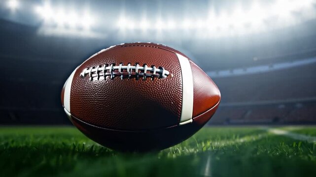 A football sits prominently on the grass just before kickoff as stadium lights illuminate the field in the background.