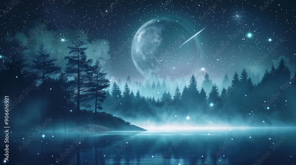 Sticker A mystical night scene featuring a starry sky, full moon, and comet over a serene lake surrounded by silhouetted trees.