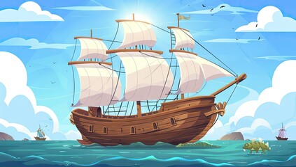Sailing Ship With Full Sails on Blue Sea