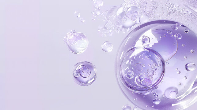 Hyaluronic acid skin solutions ad, collagen serum drops. cosmetics advertising background. Abstract texture of transparent liquid bubbles on light lilac background. Collagen Hydrolysate. Copy space