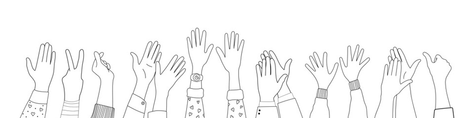 Doodle sketch hands up gestures comic icons silhouettes vector set. Group of line art fun comic hands in the air. Voting or happy congratulation audience recognition symbols.