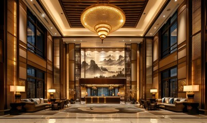 Obraz premium Luxurious Hotel Lobby with Oriental Design