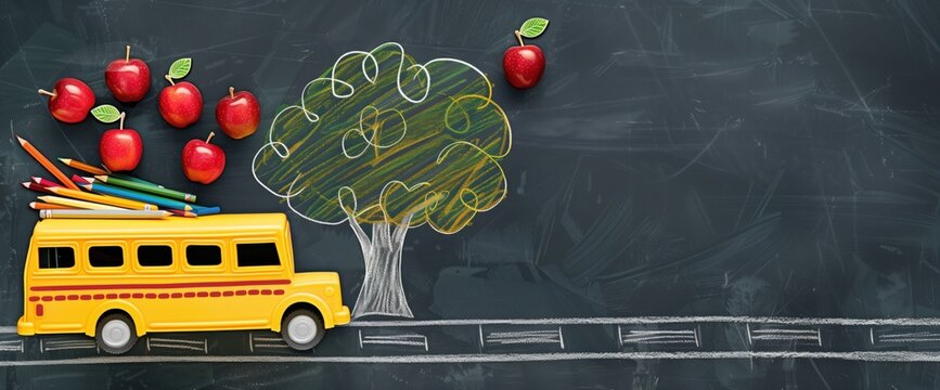 Back to School Concept. A banner with an image of a school bus and pencils next to a sketch of a tree with autumn dry leaves and apples on the background of a blackboard.