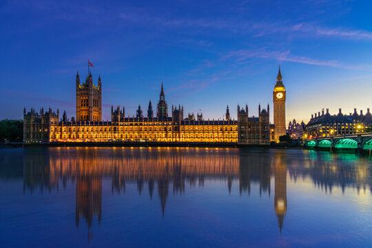 View over the Houses of Parliament and Big Ben at the twilight in London, UK