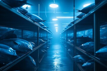 Delve into the cold ambiance of a tuna freezing room, capturing the process of preserving seafood at optimal temperatures.
