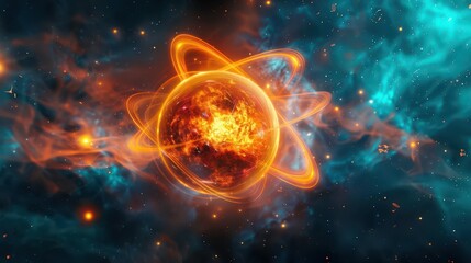 Electron orbit nucleus, atomic particle dynamics, vibrant subatomic paths, energetic orbit, uhd, copy space for text,