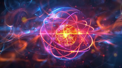 Electron orbit nucleus, atomic particle dynamics, vibrant subatomic paths, energetic orbit, uhd, copy space for text,