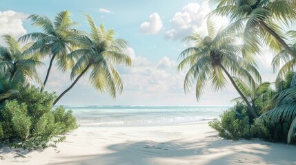 Obraz premium A serene coastal scene featuring sandy dunes, palm trees and bright sunshine