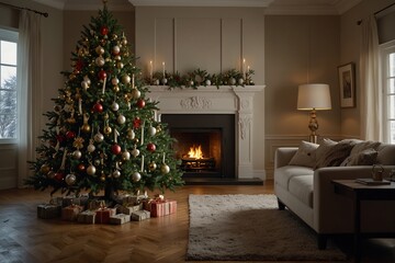 Calm image of interior Classic New Year Tree decorated in a room with fireplace