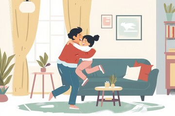 A joyful moment between a parent and child in a cozy living room, capturing love and happiness in a warm, family environment.