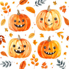 Halloween pumpkin collection. Jack-o-lantern carved pumpkins with scary spooky smile faces isolated on white background. Watercolor design elements for decorative cards, posters, textile, stickers