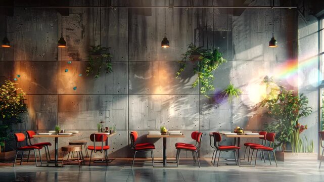 Sunlit cafe interior with concrete walls, red chairs and tables, and plants.