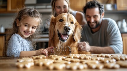 A family, including a child, is gathered around a kitchen table, excitedly baking dog treats. The child is using a cookie cutter to cut out shapes, while the parents assist. The scene is lively and