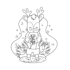 Childrens drawings coloring page. Cute reindeer character holding flowers.