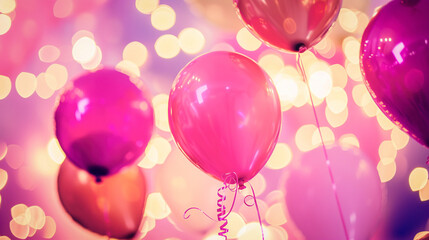 Numerous pink balloons are drifting in the sky among decorations